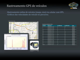Rastreamento GPS de veículos-Rastreamento online de veículos (mapa, rota) via celular com GPS;-Gráficos das velocidades do veículo no percurso;