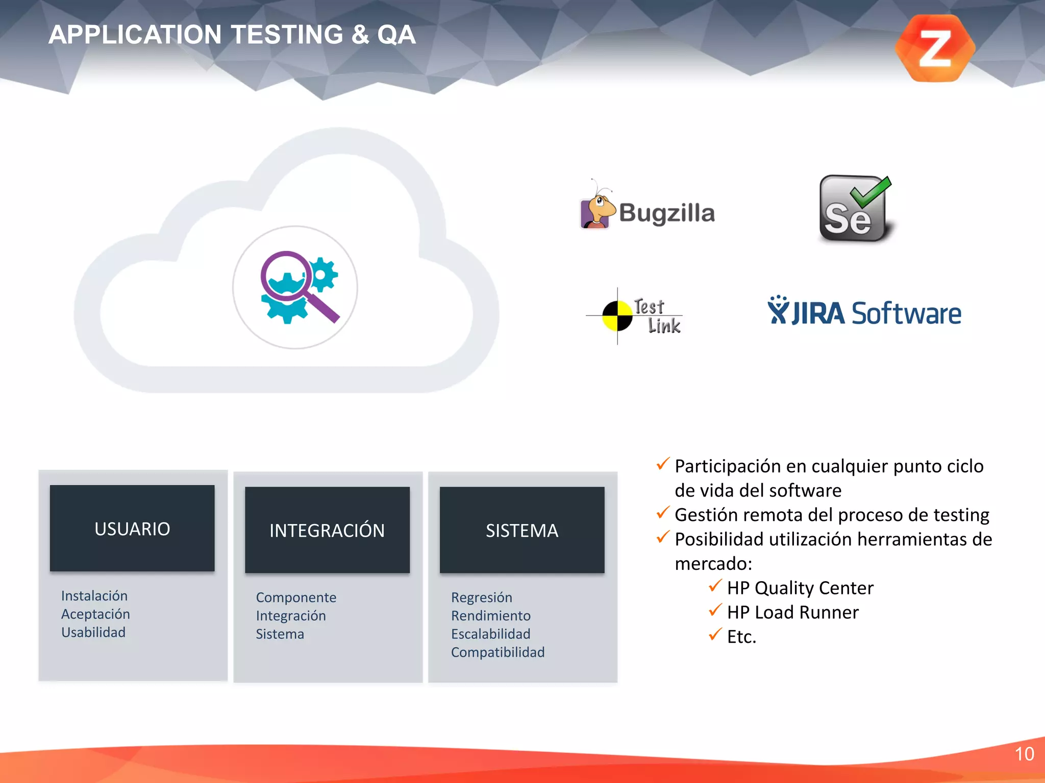 10
 Mantenimiento
 Soporte
 Migración
 Reingeniería
 Movilidad
APPLICATION DEVELOPMENT & MAINTENANCE
SOLUCIONES NEGOCIO
Sobre los productos más
demandados en el mercado
APLICACIONES A MEDIDA
Desarrollo y mantenimiento
aplicaciones (JAVA, .NET, PHP, …).
Reingeniería, refactoring y
migración de aplicaciones y BBDD.
APLICACIONES MÓVILES
Nativas: iOS, Android, …, y
multiplataforma: HTML5
Aplicaciones multisite: móvil,
tablet, PC, …
ÚLTIMA GENERACIÓN
Open Source
Big Data & Analytics
Open Middleware
APIs
SOFTWARE FACTORY
Equipos que actúan como una extensión del ciclo de vida de desarrollo del cliente
Desarrollos en metodologías clásicas (en cascada) o ágiles (SCRUM)
Modelo de gestión y de calidad propio basado en principales estándares: PMI, CMMi, Metrica v3 e ITIL
 