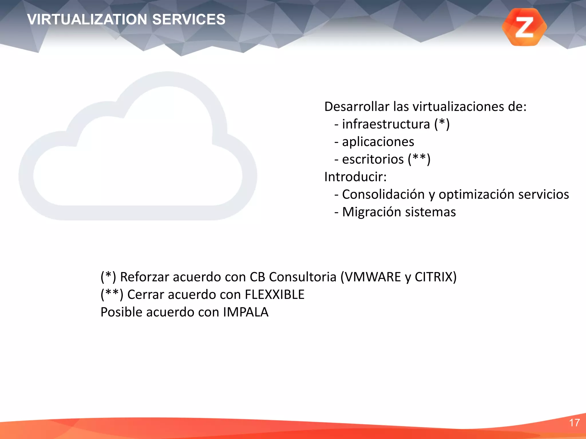 17
 Monitorización remota unificada
 Multiplataforma
 Interactivo: ejecución comandos, scripts, etc.
 Monitorización servidores virtuales
 Monitorización redes
 Monitorización aplicaciones: BBDD, servidores correo,
aplicaciones negocio, …
UNIFIED MONITORING SERVICES
MONITORIZACIÓN
APLICACIONES
MONITORIZACIÓN
CLOUD
MONITORIZACIÓN
REDES
MONITORIZACIÓN
NIVEL DE SERVICIO
MONITORIZACIÓN
SERVIDORES
 