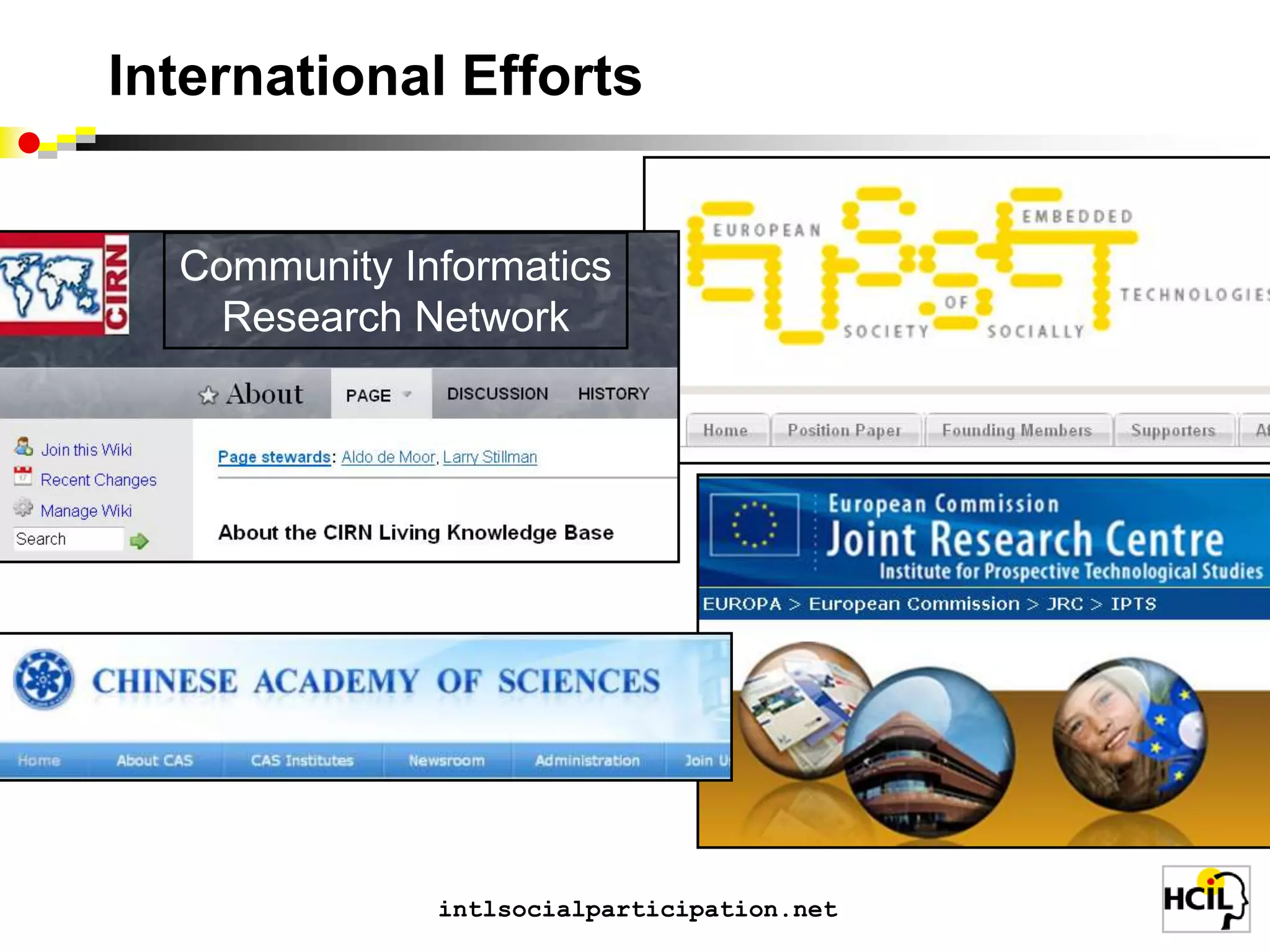 Vision: Social Participation1) Focus on National Priorities & ImpactDisaster response, community safetyHealth, energy, education, e-governmentEnvironmental awareness, biodiversity2) Develop Theories of Social ParticipationHow do social media networks evolve? How can participation be increased?3) Provide Technology InfrastructureScalable, reliable, universal, manageableProtect privacy, stop attacks, resolve conflicts