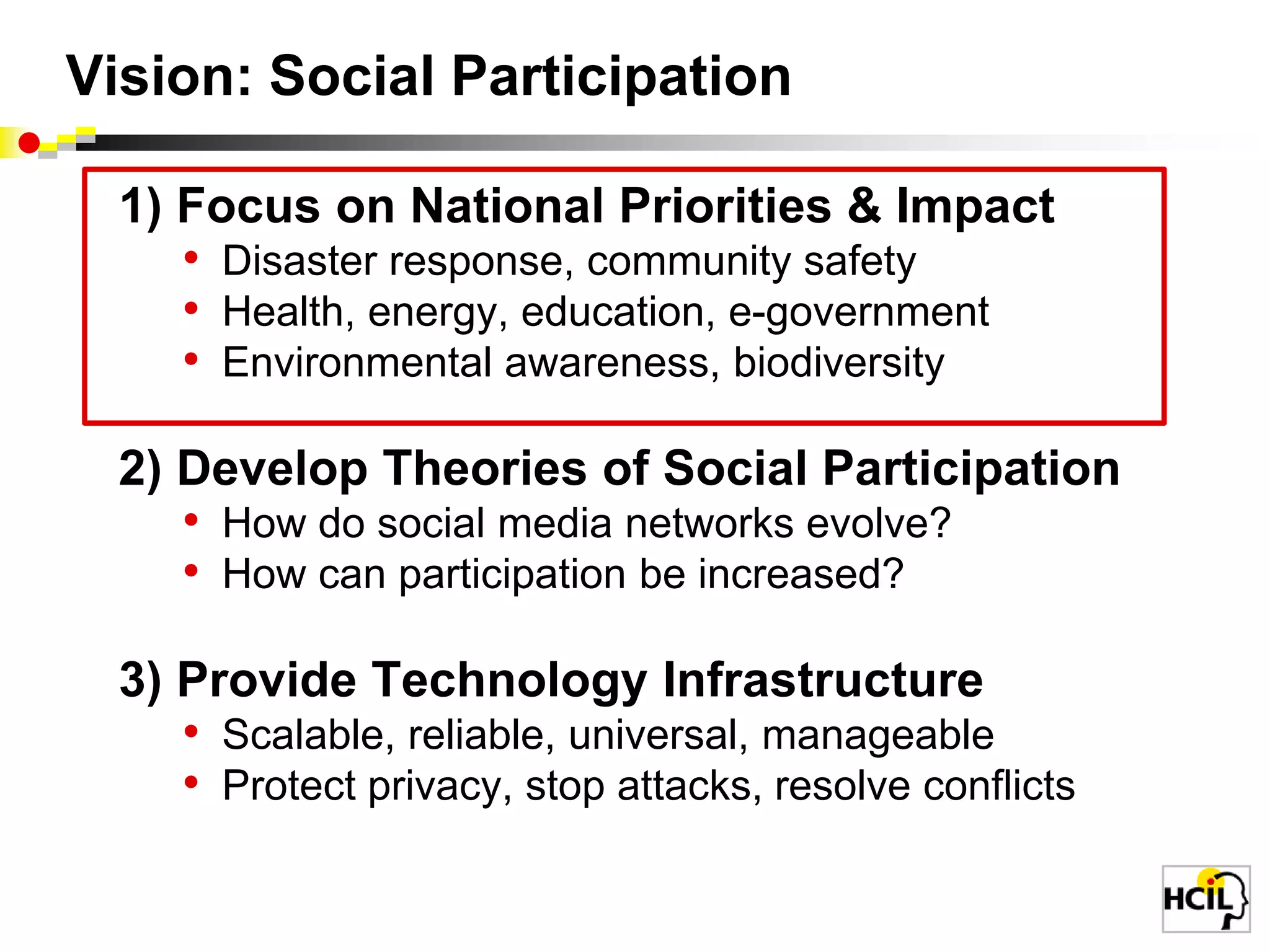 911.gov: Internet & mobile devicesResidents report information Professionals disseminate instructions  Resident-to-Resident assistance Professionals in control   while working with   empowered residents Shneiderman & Preece, Science(Feb. 16, 2007)www.cs.umd.edu/hcil/911gov
