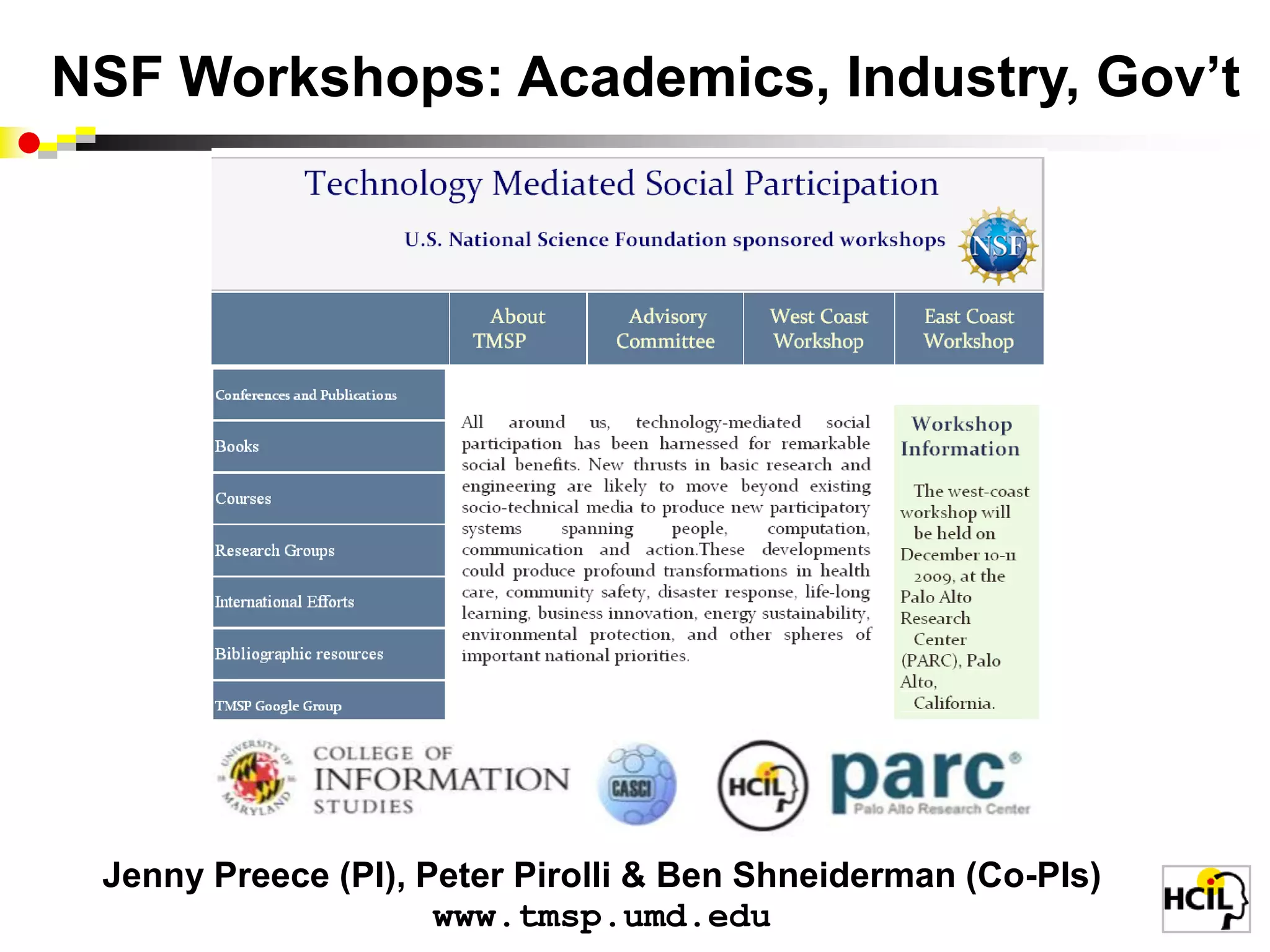   IEEE Computer Special Issue:Technology Mediated Social ParticipationNSF Sponsored    WorkshopsPalo Alto, CA  December 2009Washington, DC   April 2010