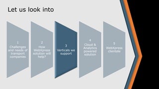 Let us look into
1
Challenges
and needs of
transport
companies
2
How
WebXpress
solution will
help?
3
Verticals we
support
4
Cloud &
Analytics
powered
solution
5
WebXpress
clientele
 