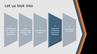 Let us look into
1
Challenges
and needs of
transport
companies
2
How
WebXpress
solution will
help?
3
Verticals we
support
4
Cloud &
Analytics
powered
solution
5
WebXpress
clientele
 