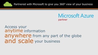 Partnered with Microsoft to give you 3600 view of your business
Access
anytime
and scale
information
from any part of the globe
your
your business
anywhere
partner
 