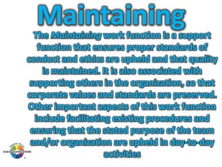 Maintaining

The Maintaining work function is a support
function that ensures proper standards of
conduct and ethics are upheld and that quality
is maintained. It is also associated with
supporting others in the organization, so that
corporate values and standards are preserved.
Other important aspects of this work function
include facilitating existing procedures and
ensuring that the stated purpose of the team
and/or organization are upheld in day-to-day
activities

 