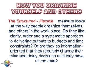The Structured - Flexible measure looks
at the way people organize themselves
and others in the work place. Do they like
clarity, order and a systematic approach
to delivering outputs to budgets and time
constraints? Or are they so informationoriented that they regularly change their
mind and delay decisions until they have
all the data?

 