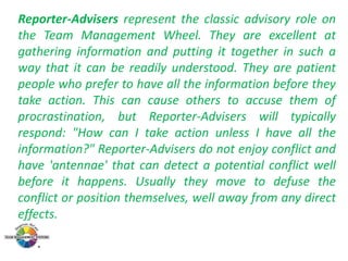 Reporter-Advisers represent the classic advisory role on
the Team Management Wheel. They are excellent at
gathering information and putting it together in such a
way that it can be readily understood. They are patient
people who prefer to have all the information before they
take action. This can cause others to accuse them of
procrastination, but Reporter-Advisers will typically
respond: "How can I take action unless I have all the
information?" Reporter-Advisers do not enjoy conflict and
have 'antennae' that can detect a potential conflict well
before it happens. Usually they move to defuse the
conflict or position themselves, well away from any direct
effects.

 