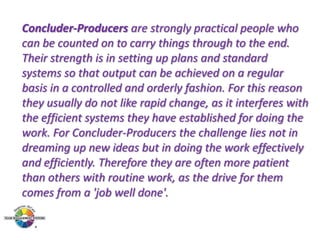 Concluder-Producers are strongly practical people who
can be counted on to carry things through to the end.
Their strength is in setting up plans and standard
systems so that output can be achieved on a regular
basis in a controlled and orderly fashion. For this reason
they usually do not like rapid change, as it interferes with
the efficient systems they have established for doing the
work. For Concluder-Producers the challenge lies not in
dreaming up new ideas but in doing the work effectively
and efficiently. Therefore they are often more patient
than others with routine work, as the drive for them
comes from a 'job well done'.

 