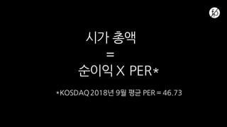 시가 총액
=
순이익 X PER*
*KOSDAQ2018년 9월 평균 PER = 46.73
 