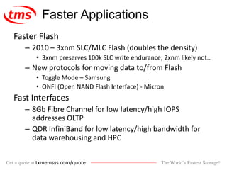 The World’s Fastest Storage®Get a quote at txmemsys.com/quote
Faster Flash
– 2010 – 3xnm SLC/MLC Flash (doubles the density)
• 3xnm preserves 100k SLC write endurance; 2xnm likely not…
– New protocols for moving data to/from Flash
• Toggle Mode – Samsung
• ONFI (Open NAND Flash Interface) - Micron
Fast Interfaces
– 8Gb Fibre Channel for low latency/high IOPS
addresses OLTP
– QDR InfiniBand for low latency/high bandwidth for
data warehousing and HPC
Faster Applications
 