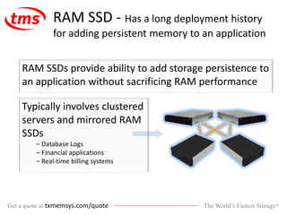 The World’s Fastest Storage®Get a quote at txmemsys.com/quote
RAM SSD - Has a long deployment history
for adding persistent memory to an application
RAM SSDs provide ability to add storage persistence to
an application without sacrificing RAM performance
Typically involves clustered
servers and mirrored RAM
SSDs
– Database Logs
– Financial applications
– Real-time billing systems
 