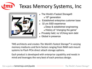 The World’s Fastest Storage®Get a quote at txmemsys.com/quote
Texas Memory Systems, Inc
The World’s Fastest Storage®
16th generation
Established enterprise customer base
32 yrs SSD experience
Deep & established engineering
History of “changing the game”
Privately held; no VC/long term debt
Global in presence
TMS architects and creates The World’s Fastest Storage® in varying
memory mediums and form factors ranging from RAM rack mount
systems to Flash PCIe direct attach storage options.
Each product is developed with enterprise capability and needs in
mind and leverages the very best of each previous design.
 