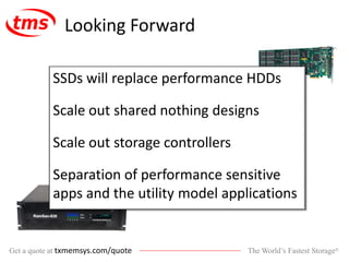 The World’s Fastest Storage®Get a quote at txmemsys.com/quote
Looking Forward
SSDs will replace performance HDDs
Scale out shared nothing designs
Scale out storage controllers
Separation of performance sensitive
apps and the utility model applications
 