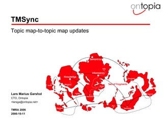 TMSync Topic map-to-topic map updates Lars Marius Garshol CTO, Ontopia <larsga@ontopia.net> TMRA 2006 2006-10-11 