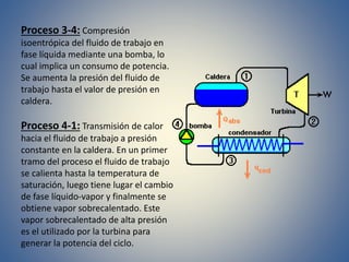 Proceso 3-4: Compresión
isoentrópica del fluido de trabajo en
fase líquida mediante una bomba, lo
cual implica un consumo de potencia.
Se aumenta la presión del fluido de
trabajo hasta el valor de presión en
caldera.
Proceso 4-1: Transmisión de calor
hacia el fluido de trabajo a presión
constante en la caldera. En un primer
tramo del proceso el fluido de trabajo
se calienta hasta la temperatura de
saturación, luego tiene lugar el cambio
de fase líquido-vapor y finalmente se
obtiene vapor sobrecalentado. Este
vapor sobrecalentado de alta presión
es el utilizado por la turbina para
generar la potencia del ciclo.
 