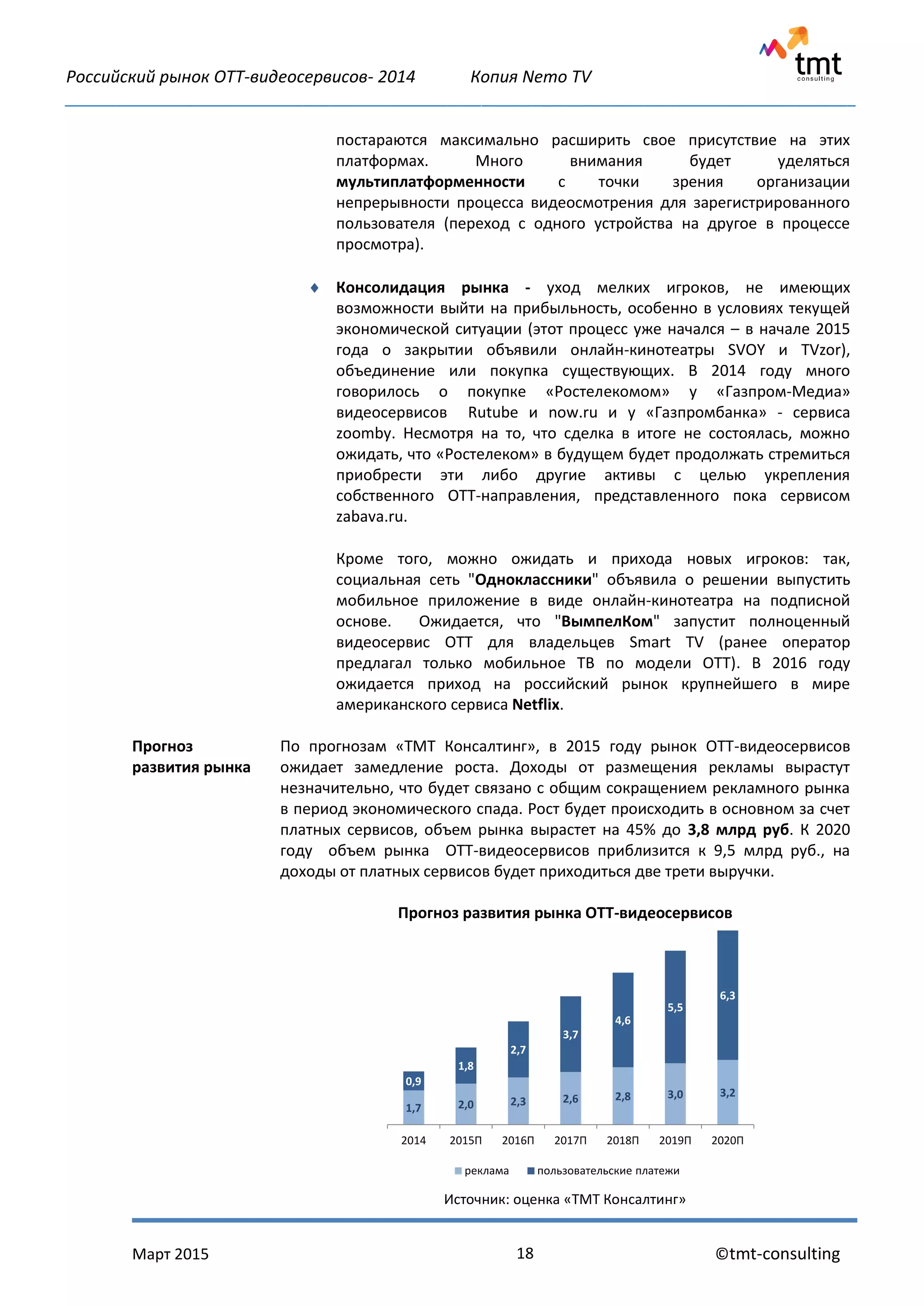 Российский рынок OTT-видеосервисов- 2014 Копия Nemo TV
_____________________________________________________________________________________________
Март 2015 ©tmt-consulting18
постараются максимально расширить свое присутствие на этих
платформах. Много внимания будет уделяться
мультиплатформенности с точки зрения организации
непрерывности процесса видеосмотрения для зарегистрированного
пользователя (переход с одного устройства на другое в процессе
просмотра).
 Консолидация рынка - уход мелких игроков, не имеющих
возможности выйти на прибыльность, особенно в условиях текущей
экономической ситуации (этот процесс уже начался – в начале 2015
года о закрытии объявили онлайн-кинотеатры SVOY и TVzor),
объединение или покупка существующих. В 2014 году много
говорилось о покупке «Ростелекомом» у «Газпром-Медиа»
видеосервисов Rutube и now.ru и у «Газпромбанка» - сервиса
zoomby. Несмотря на то, что сделка в итоге не состоялась, можно
ожидать, что «Ростелеком» в будущем будет продолжать стремиться
приобрести эти либо другие активы с целью укрепления
собственного ОТТ-направления, представленного пока сервисом
zabava.ru.
Кроме того, можно ожидать и прихода новых игроков: так,
социальная сеть "Одноклассники" объявила о решении выпустить
мобильное приложение в виде онлайн-кинотеатра на подписной
основе. Ожидается, что "ВымпелКом" запустит полноценный
видеосервис ОТТ для владельцев Smart TV (ранее оператор
предлагал только мобильное ТВ по модели ОТТ). В 2016 году
ожидается приход на российский рынок крупнейшего в мире
американского сервиса Netflix.
Прогноз
развития рынка
По прогнозам «ТМТ Консалтинг», в 2015 году рынок ОТТ-видеосервисов
ожидает замедление роста. Доходы от размещения рекламы вырастут
незначительно, что будет связано с общим сокращением рекламного рынка
в период экономического спада. Рост будет происходить в основном за счет
платных сервисов, объем рынка вырастет на 45% до 3,8 млрд руб. К 2020
году объем рынка ОТТ-видеосервисов приблизится к 9,5 млрд руб., на
доходы от платных сервисов будет приходиться две трети выручки.
Прогноз развития рынка ОТТ-видеосервисов
Источник: оценка «ТМТ Консалтинг»
1,7 2,0 2,3 2,6 2,8 3,0 3,2
0,9
1,8
2,7
3,7
4,6
5,5
6,3
2014 2015П 2016П 2017П 2018П 2019П 2020П
реклама пользовательские платежи
 