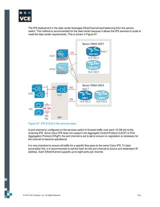 The IPS deployment in the data center leverages EtherChannel load balancing from the service
      switch. This method is recommended for the data center because it allows the IPS services to scale to
      meet the data center requirements. This is shown in Figure 67.




      Figure 67. IPS ECLB in the services layer

      A port channel is configured on the services switch to forward traffic over each 10 GB link to the
      receiving IPS. Since Cisco IPS does not support Link Aggregate Control Protocol (LACP) or Port
      Aggregation Protocol (PAgP), the port channel is set to on to ensure no negotiation is necessary for
      the channel to become operational.

      It is very important to ensure all traffic for a specific flow goes to the same Cisco IPS. To best
      accomplish this, it is recommended to set the hash for the port channel to source and destination IP
      address. Each EtherChannel supports up to eight ports per channel.




© 2012 VCE Company, LLC. All Rights Reserved.                                                            114
 