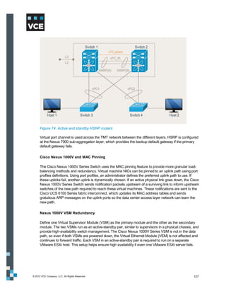 Figure 74. Active and standby HSRP routers

      Virtual port channel is used across the TMT network between the different layers. HSRP is configured
      at the Nexus 7000 sub-aggregation layer, which provides the backup default gateway if the primary
      default gateway fails.

      Cisco Nexus 1000V and MAC Pinning

      The Cisco Nexus 1000V Series Switch uses the MAC pinning feature to provide more granular load-
      balancing methods and redundancy. Virtual machine NICs can be pinned to an uplink path using port
      profiles definitions. Using port profiles, an administrator defines the preferred uplink path to use. If
      these uplinks fail, another uplink is dynamically chosen. If an active physical link goes down, the Cisco
      Nexus 1000V Series Switch sends notification packets upstream of a surviving link to inform upstream
      switches of the new path required to reach these virtual machines. These notifications are sent to the
      Cisco UCS 6100 Series fabric interconnect, which updates its MAC address tables and sends
      gratuitous ARP messages on the uplink ports so the data center access layer network can learn the
      new path.

      Nexus 1000V VSM Redundancy

      Define one Virtual Supervisor Module (VSM) as the primary module and the other as the secondary
      module. The two VSMs run as an active-standby pair, similar to supervisors in a physical chassis, and
      provide high-availability switch management. The Cisco Nexus 1000V Series VSM is not in the data
      path, so even if both VSMs are powered down, the Virtual Ethernet Module (VEM) is not affected and
      continues to forward traffic. Each VSM in an active-standby pair is required to run on a separate
      VMware ESXi host. This setup helps ensure high availability if even one VMware ESXi server fails.




© 2012 VCE Company, LLC. All Rights Reserved.                                                              127
 