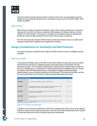 Using this solution gives the service provider a means to ensure and, very importantly, prove the
        compliance of the virtualized infrastructure to authoritative sources such as PCI-DSS, COBIT, NIST,
        HIPAA, and NERC.


RSA enVision

        RSA enVision includes preconfigured integration with all Vblock system infrastructure components,
        including the Cisco UCS and Nexus components, EMC storage, and VMware vSphere, vCenter,
        vShield, and vCloud Director. This ensures a consistent and centralized means of collecting and
        storing the events and alerts generated by the various Vblock system components.

        From the service provider viewpoint, RSA enVision provides the means to ensure compliance with
        regulatory requirements regarding secure logging and monitoring.


Design Considerations for Availability and Data Protection
        This section discusses using RSA Archer eGRC and RSA enVision to achieve availability and data
        protection.


RSA Archer eGRC

        The powerful and flexible nature of the RSA Archer eGRC Platform provides both service providers
        and tenants the mechanism to integrate business critical data points and information into their
        governance program. The consistent understanding of where business sensitive data is located, as
        well as its criticality rating, is fundamental in making provisioning and availability decisions. Through
        consultation with RSA Professional Services, it is possible to integrate workflow-managed
        questionnaires to ensure consistent capturing of this information. This captured information can then
        be used as data points for the creation of custom reporting dashboards and reports.




        Figure 77. Workflow questionnaire

        In addition to this information classification, RSA Archer integrates with RSA enVision as its collection
        entity from sources such as data loss prevention, anti-virus, and intruder detection/prevention systems
        to bring these data points into the centralized governance dashboards.


  © 2012 VCE Company, LLC. All Rights Reserved.                                                                133
 