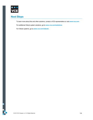 Next Steps
       To learn more about this and other solutions, contact a VCE representative or visit www.vce.com.

       For additional Vblock system solutions, go to www.vce.com/solutions.

       For Vblock systems, go to www.vce.com/vblock/.




 © 2012 VCE Company, LLC. All Rights Reserved.                                                            138
 