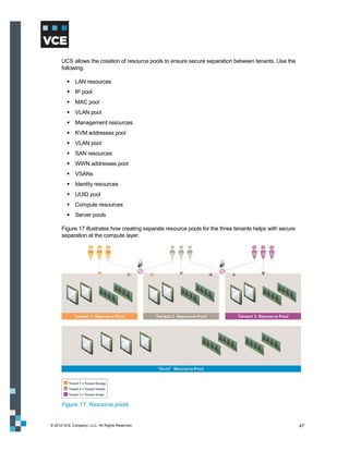 UCS allows the creation of resource pools to ensure secure separation between tenants. Use the
      following:

          LAN resources
          IP pool
          MAC pool
          VLAN pool
          Management resources
          KVM addresses pool
          VLAN pool
          SAN resources
          WWN addresses pool
          VSANs
          Identity resources
          UUID pool
          Compute resources
          Server pools

      Figure 17 illustrates how creating separate resource pools for the three tenants helps with secure
      separation at the compute layer.




      Figure 17. Resource pools


© 2012 VCE Company, LLC. All Rights Reserved.                                                              47
 