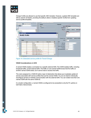 Orange VLANs are allowed to use that specific vNIC template. However, a global vNIC template can
      still be used for all blades, providing the ability to allow or disallow specific VLANs from updating
      service profile templates.




      Figure 19. Dedicated service profile for Tenant Orange

      VSAN Considerations in UCS

      A named VSAN creates a connection to a specific external SAN. The VSAN isolates traffic, including
      broadcast traffic, to that external SAN. The traffic on one named VSAN knows that the traffic on
      another named VSAN exists, but it cannot read or access that traffic.

      The name assigned to a VSAN ID adds a layer of abstraction that allows you to globally update all
      servers associated with service profiles that use the named VSAN. You do not need to individually
      reconfigure servers to maintain communication with the external SAN. You can create more than one
      named VSAN with the same VSAN ID.

      In a cluster configuration, a named VSAN is configured to be accessible to only the FC uplinks on
      both fabric interconnects.




© 2012 VCE Company, LLC. All Rights Reserved.                                                             49
 