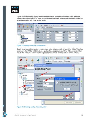 Figure 29 shows different quality of service weight values configured for different class of service
      values that correspond to Gold, Silver, and Bronze service levels. This helps ensure traffic priority for
      tenants associated with those service levels.




      Figure 29. Quality of service configuration

      Quality of service policies assign a system class to the outgoing traffic for a vNIC or vHBA. Therefore,
      to configure the vNIC or vHBA, include a quality of service policy in a vNIC or vHBA policy and then
      include that policy in a service profile. Figure 30 shows how to create quality of service policies.




      Figure 30. Creating quality of service policy




© 2012 VCE Company, LLC. All Rights Reserved.                                                                58
 