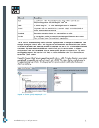 Element                        Description

       Role                           A job function within the context of locale, along with the authority and
                                      responsibility given to the user assigned to the role

       User                           A person using the UCS; users are assigned to one or more roles

       Action                         Any task a user can perform in the UCS that is subject to access control; an
                                      action is performed on a resource

       Privilege                      Permission granted or denied to a role to perform an action

       Locale                         A logical object created to manage organizations and determine which users
                                      have privileges to use the resources in organizations


      The UCS RBAC feature can help service providers segregate roles to manage multiple tenants. One
      example is using UCS RBAC with LDAP integration to ensure all roles are defined and have specific
      accesses as per their roles. A service provider can leverage this feature in a multi-tenant environment
      to ensure a high level of centralized security control. LDAP groups can be created for different
      administration roles, such as network, storage, server profiles, security, and operations. This helps
      providers keep security and compliance in place by having designated roles to configure different
      parts of the Vblock system.

      Figure 34 shows an LDAP group mapped to a specific role in a UCS. An Active Directory group called
      ucsnetwork is mapped to a predefined network role in UCS. This means that anyone belonging to
      the ucsnetwork group in Active Directory can perform a network task in UCS; other features are
      shown as read-only.




      Figure 34. LDAP group mapping in UCS




© 2012 VCE Company, LLC. All Rights Reserved.                                                                        62
 