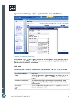 Figure 52 shows an NFS export and how a specific subnet has access to the NFS share.




      Figure 52. NFS export configuration

      In this example, VLAN 112 and VLAN 111 subnet has access to the /nfs1 share. VNX also provides
      granular access to the NFS share. An NFS export can be presented to a specific tenant subnet or
      specific host or group of hosts in the network.

      iSCSI Stack

      The following table summarizes how tenant data traffic flows inside EMC VNX for the iSCSI stack.

       iSCSI stack component                    Description

       VLAN                                     The secure separation of data access starts at the bottom of the iSCSI
                                                stack on the IP network with the use of VLAN to separate individual
                                                tenants.

       IP Interface VLAN tagged                 The VLAN-tagging model extends into the unified system by VLAN
                                                tagging the individual IP interfaces so they understand and honor the
                                                tags being used.

       iSCSI Portal                             Access then flows through an iSCSI portal to a target device, where it is
       Target                                   ultimately addressed to a LUN.
       LUN




© 2012 VCE Company, LLC. All Rights Reserved.                                                                            85
 