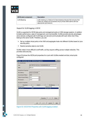 iSCSI stack component                    Description

       LUN Masking                              LUN masking is a feature for block-based protocols that ensures that
                                                LUNs are viewed and accessed only by those SAN clients with the
                                                appropriate permissions.


      Support for VLAN tagging in iSCSI

      VLAN is supported for iSCSI data ports and management ports on VNX storage systems. In addition
      to better performance, ease of management, and cost benefits, VLANs provide security advantages
      since devices configured with VLAN tags can see and communicate with each other only if they
      belong to the same VLAN. Therefore, you can:

          Set up multiple virtual ports on the VNX and segregate hosts into different VLANs based on your
           security policy
          Restrict sensitive data to one VLAN

      VLANs make it more difficult to sniff traffic, as they require sniffing across multiple networks. This
      provides extra security.

      Figure 53 shows the iSCSI port properties for a port with VLANs enabled and two virtual ports
      configured.




      Figure 53. iSCSI Port Properties with VLAN tagging enabled




© 2012 VCE Company, LLC. All Rights Reserved.                                                                          86
 