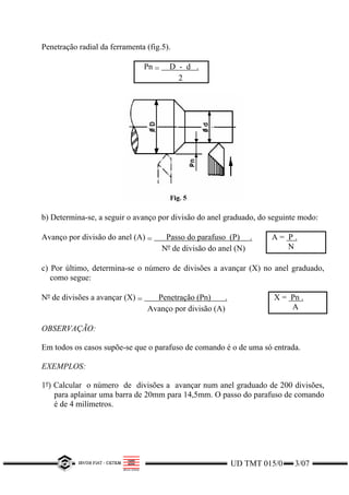 Penetração radial da ferramenta (fig.5).
Pn = D - d .
2
b) Determina-se, a seguir o avanço por divisão do anel graduado, do seguinte modo:
Avanço por divisão do anel (A) = Passo do parafuso (P) .
Nº de divisão do anel (N)
A = P .
N
c) Por último, determina-se o número de divisões a avançar (X) no anel graduado,
como segue:
Nº de divisões a avançar (X) = Penetração (Pn) .
Avanço por divisão (A)
X = Pn .
A
OBSERVAÇÃO:
Em todos os casos supõe-se que o parafuso de comando é o de uma só entrada.
EXEMPLOS:
1º) Calcular o número de divisões a avançar num anel graduado de 200 divisões,
para aplainar uma barra de 20mm para 14,5mm. O passo do parafuso de comando
é de 4 milímetros.
UD TMT 015/0 3/07
 