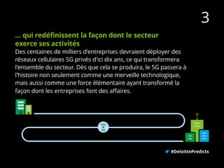 … qui redéfinissent la façon dont le secteur
exerce ses activités
Des centaines de milliers d’entreprises devraient déployer des
réseaux cellulaires 5G privés d’ici dix ans, ce qui transformera
l’ensemble du secteur. Dès que cela se produira, le 5G passera à
l’histoire non seulement comme une merveille technologique,
mais aussi comme une force élémentaire ayant transformé la
façon dont les entreprises font des affaires.
#DeloittePredicts
3
 