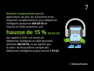 Deloitte Canada prévoit que les
applications, les jeux, les accessoires et les
dispositifs complémentaires pour téléphones
intelligents produiront 459 G$ US de
revenus en 2020 seulement, une
par rapport à 2019. Les ventes de
téléphones intelligents en 2020 devraient
atteindre 484 G$ US, ce qui signifie que
la valeur de l’écosystème complet des
téléphones intelligents vaudra environ 1 T$ US.
#DeloittePredicts
hausse de 15 % (58 G$ US)
7
 