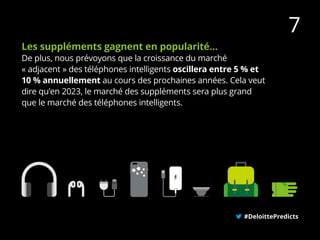 Les suppléments gagnent en popularité…
De plus, nous prévoyons que la croissance du marché
« adjacent » des téléphones intelligents oscillera entre 5 % et
10 % annuellement au cours des prochaines années. Cela veut
dire qu’en 2023, le marché des suppléments sera plus grand
que le marché des téléphones intelligents.
#DeloittePredicts
7
 