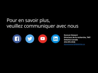 Pour en savoir plus,
veuillez communiquer avec nous
Duncan Stewart
Directeur de la recherche, TMT
Deloitte Canada
416-874-3536
dunstewart@deloitte.ca
 