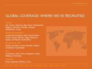 WWW.WENHAMCARTER.COM




 GLOBAL COVERAGE: WHERE WE’VE RECRUITED
 Europe
 UK, France, Germany, Italy, Spain, Netherlands,
 Belgium, Denmark, Sweden, Norway,
 Switzerland, Turkey
 Middle East and Africa
 United Arab Emirates, Qatar, Saudi Arabia,
 Oman, Kuwait, Bahrain, Egypt, Morocco,
 Nigeria, Zimbabwe, South Africa
 Russia & CIS, CEE
 Russia, Romania, Czech Republic, Poland,
 Uzbekistan, Kazakhstan
 Asia
 Hong Kong, India, China, Singapore, Japan,
 Malaysia, Indonesia
 Americas
 Brazil, Argentina, Mexico, U.S.A.

London   Paris   Frankfurt   Moscow   Dubai   Mumbai   Johannesburg   Singapore   Beijing   Sao Paulo   Mexico City                     6
 