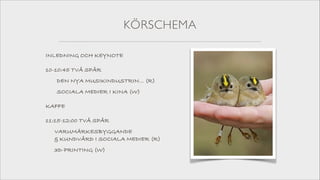 KÖRSCHEMA
INLEDNING OCH KEYNOTE
10-10:45 TVÅ SPÅR
DEN NYA MUSIKINDUSTRIN… (R)
SOCIALA MEDIER I KINA (W)
KAFFE
11:15-12:00 TVÅ SPÅR
VARUMÄRKESBYGGANDE  
& KUNDVÅRD I SOCIALA MEDIER (R)
3D-PRINTING (W)

 