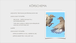 KÖRSCHEMA
KEYNOTE: TEXTANALYS FÖR BIG DATA (R) 
 

13:50-14:35 TVÅ SPÅR
DELAVAL - FRÅN DYNGA TILL 
DATORSKÄRM(R)
THE NEW WORLD: MEDIA CONVERGENCE  
AND EU INITIATIVES (W)
KAFFE
15:00-15:45 TVÅ SPÅR
VEHICLE SAFETY IN ALL ASPECTS (R)
UPPHOVSRÄTTEN I MOLNET (W)

 