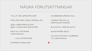 NÅGRA FÖRUTSÄTTNINGAR
”ALLA” ÄR UPPKOPPLADE

SNABBARE SPRIDNING

PRYLAR MED LÅGA TRÖSKLAR

LÄGRE TEKNIK- &
DRIFTKOSTNADER

SJÄLVSERVERING OCH
SJÄLVLÄRANDE TJÄNSTER

BIG DATA / ÖPPNA DATA

DEN ALLVETANDE
MÄNNISKAN...

QUANTIFIED SELF
NY SYN PÅ HUR VI JOBBAR
TILLSAMMANS

... I ALLA FÖNSTER
STÖRRE MARKNAD

✘

...

 
