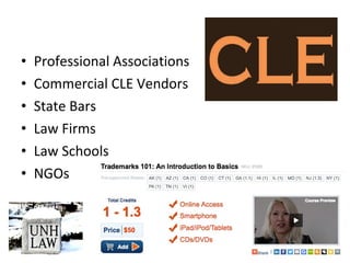 • Professional Associations
• Commercial CLE Vendors
• State Bars
• Law Firms
• Law Schools
• NGOs
 