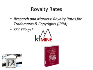 Royalty Rates
• Research and Markets: Royalty Rates for
Trademarks & Copyrights (IPRA)
• SEC Filings?
 