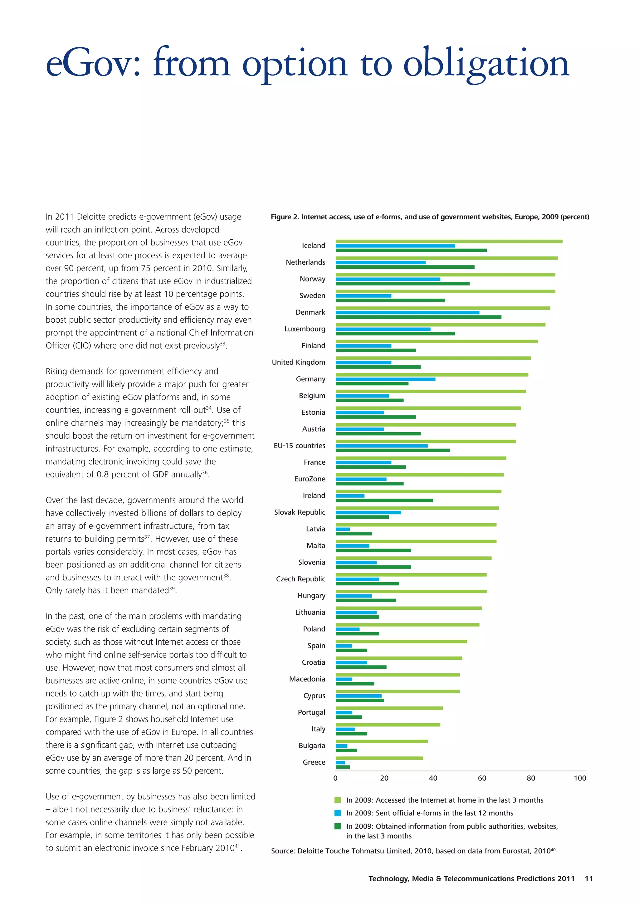 eGov: from option to obligation


In 2011 Deloitte predicts e-government (eGov) usage           Figure 2. Internet access, use of e-forms, and use of government websites, Europe, 2009 (percent)
will reach an inflection point. Across developed
countries, the proportion of businesses that use eGov                  Iceland
services for at least one process is expected to average
                                                                  Netherlands
over 90 percent, up from 75 percent in 2010. Similarly,
the proportion of citizens that use eGov in industrialized            Norway

countries should rise by at least 10 percentage points.               Sweden
In some countries, the importance of eGov as a way to
                                                                     Denmark
boost public sector productivity and efficiency may even
                                                                  Luxembourg
prompt the appointment of a national Chief Information
Officer (CIO) where one did not exist previously33.                    Finland

                                                              United Kingdom
Rising demands for government efficiency and
                                                                     Germany
productivity will likely provide a major push for greater
adoption of existing eGov platforms and, in some                      Belgium
countries, increasing e-government roll-out34. Use of                  Estonia
online channels may increasingly be mandatory;35 this
                                                                       Austria
should boost the return on investment for e-government
infrastructures. For example, according to one estimate,      EU-15 countries

mandating electronic invoicing could save the                           France
equivalent of 0.8 percent of GDP annually36.                         EuroZone

                                                                       Ireland
Over the last decade, governments around the world
have collectively invested billions of dollars to deploy       Slovak Republic
an array of e-government infrastructure, from tax                       Latvia
returns to building permits37. However, use of these
                                                                        Malta
portals varies considerably. In most cases, eGov has
been positioned as an additional channel for citizens                 Slovenia

and businesses to interact with the government38.              Czech Republic
Only rarely has it been mandated39.
                                                                      Hungary

                                                                     Lithuania
In the past, one of the main problems with mandating
eGov was the risk of excluding certain segments of                     Poland
society, such as those without Internet access or those                  Spain
who might find online self-service portals too difficult to
                                                                       Croatia
use. However, now that most consumers and almost all
businesses are active online, in some countries eGov use           Macedonia
needs to catch up with the times, and start being                      Cyprus
positioned as the primary channel, not an optional one.
                                                                      Portugal
For example, Figure 2 shows household Internet use
compared with the use of eGov in Europe. In all countries                 Italy

there is a significant gap, with Internet use outpacing               Bulgaria
eGov use by an average of more than 20 percent. And in                 Greece
some countries, the gap is as large as 50 percent.
                                                                                  0             20             40             60            80            100

Use of e-government by businesses has also been limited                               In 2009: Accessed the Internet at home in the last 3 months
– albeit not necessarily due to business’ reluctance: in                              In 2009: Sent ofﬁcial e-forms in the last 12 months
some cases online channels were simply not available.                                 In 2009: Obtained information from public authorities, websites,
For example, in some territories it has only been possible                            in the last 3 months
to submit an electronic invoice since February 201041.        Source: Deloitte Touche Tohmatsu Limited, 2010, based on data from Eurostat, 201040


                                                                                            Technology, Media & Telecommunications Predictions 2011          11
 