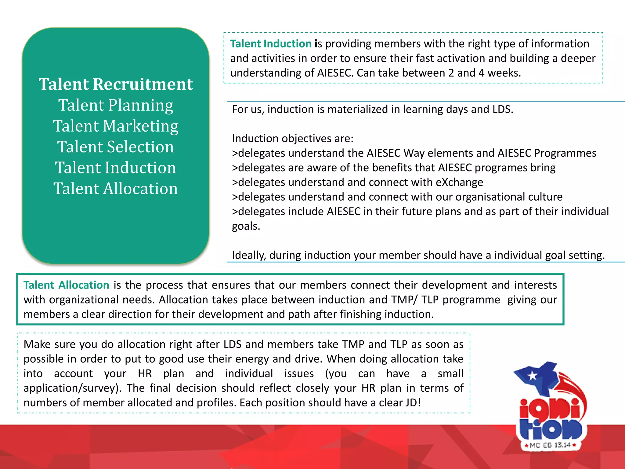 Talent Recruitment
Talent Planning
Talent Marketing
Talent Selection
Talent Induction
Talent Allocation
For us, induction is materialized in learning days and LDS.
Induction objectives are:
>delegates understand the AIESEC Way elements and AIESEC Programmes
>delegates are aware of the benefits that AIESEC programes bring
>delegates understand and connect with eXchange
>delegates understand and connect with our organisational culture
>delegates include AIESEC in their future plans and as part of their individual
goals.
Ideally, during induction your member should have a individual goal setting.
Talent Induction is providing members with the right type of information
and activities in order to ensure their fast activation and building a deeper
understanding of AIESEC. Can take between 2 and 4 weeks.
Talent Allocation is the process that ensures that our members connect their development and interests
with organizational needs. Allocation takes place between induction and TMP/ TLP programme giving our
members a clear direction for their development and path after finishing induction.
Make sure you do allocation right after LDS and members take TMP and TLP as soon as
possible in order to put to good use their energy and drive. When doing allocation take
into account your HR plan and individual issues (you can have a small
application/survey). The final decision should reflect closely your HR plan in terms of
numbers of member allocated and profiles. Each position should have a clear JD!
 