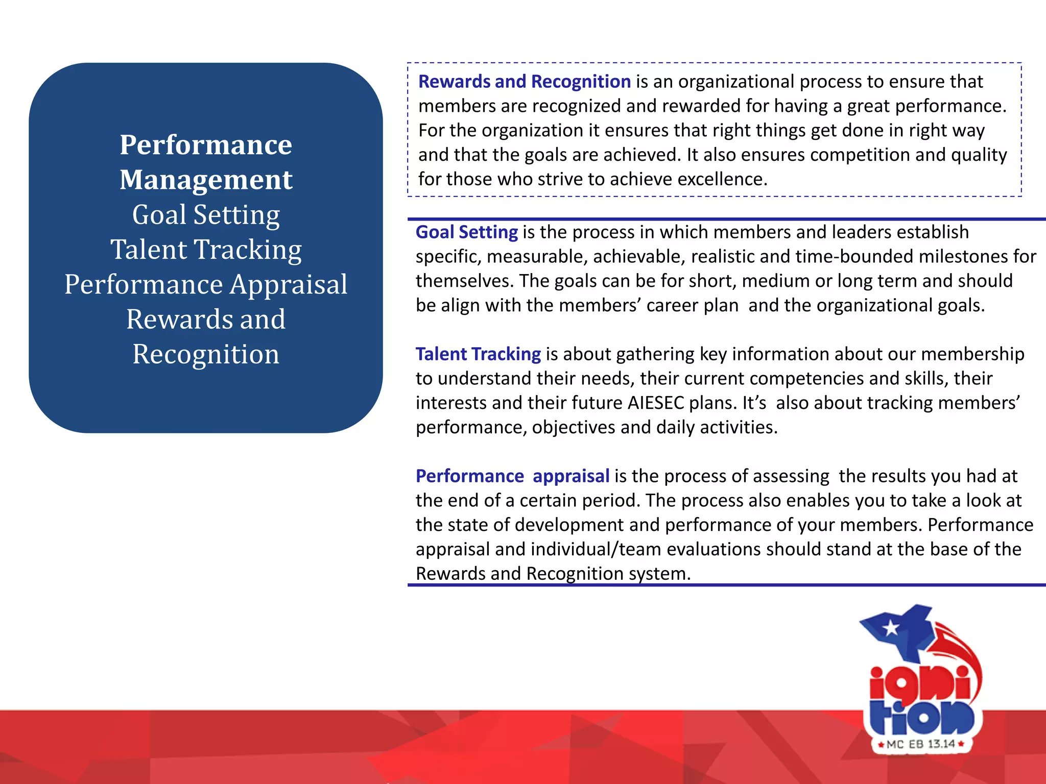 Performance
Management
Goal Setting
Talent Tracking
Performance Appraisal
Rewards and
Recognition
Goal Setting is the process in which members and leaders establish
specific, measurable, achievable, realistic and time-bounded milestones for
themselves. The goals can be for short, medium or long term and should
be align with the members’ career plan and the organizational goals.
Talent Tracking is about gathering key information about our membership
to understand their needs, their current competencies and skills, their
interests and their future AIESEC plans. It’s also about tracking members’
performance, objectives and daily activities.
Performance appraisal is the process of assessing the results you had at
the end of a certain period. The process also enables you to take a look at
the state of development and performance of your members. Performance
appraisal and individual/team evaluations should stand at the base of the
Rewards and Recognition system.
Rewards and Recognition is an organizational process to ensure that
members are recognized and rewarded for having a great performance.
For the organization it ensures that right things get done in right way
and that the goals are achieved. It also ensures competition and quality
for those who strive to achieve excellence.
 