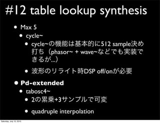 #12 table lookup synthesis
              ? Max 5
               ? cycle~
                 ? cycle~                       512 sample
                              phasor~ + wave~
                              ...

                          ?             DSP off/on

              ? Pd-extended
               ? tabosc4~
                 ?2        +3

                 ? quadruple interpolation
Saturday, July 10, 2010
 