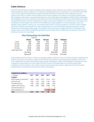 All rights reserved,InflectionCapital Management, LLC
Cable’s Entrance
Comcast has enteredthe market, bundling wireless along withtheir other services.Charter is also expectedsoon.
Comcast/Charter’s primary objective is to reduce video/broadband churn and improve customer life-time-value
versus to earn significant profits from a wireless offering. Whenever a new entrant has a different economic
incentive fromthe incumbents,there is higher risk that the incumbents’and industry’s economics get disrupted.
Xfinity-Mobile’s offer is free voice andtiereddata at a price of $12-$45/mo (bundled withXfinity-TV & internet)per
line; the $45/mo- price is for unlimited.A subscriber can start at the lower price-tier for less monthlydata and if they
exceedtheir data limit choose to upgrade to a higher tier (and be charged a pro-rata amount). An industryprice
comparisonis shown below. Giventhat the Xfinityoffering is solelytargetedat its subscriber base,which are
families,its pricing plan is curious to us. Assuming 3.5 lines per HH, its service wouldcost ~$157/mo.which is higher
than Sprint,Verizon,and T-Mobile.Thus, their strategymust be to pick-off families that are interestedin saving
money and restraining their data usage. The researchthat we have seen suggests that this is a small part of the
market. User reviews of Xfinity-Mobile are generallyveryfavorable. But as currentlypriced,we don’t view Xfinity-
Mobile as disruptive to the market.
Xfinity-Mobile now has 577K service lines,including an added 196K in Q1. Giventhat Xfinity-Mobile is marketed only
to Xfinitycustomers,one needs to adjust for the footprint to compare to the other wireless operators. Xfinityhas
27.4m residential customers,meaning that they are only marketing to ~25% of US households. Consequently, their
comparative gross adds for Q1 were 784K (196K/.25). Shownin the table below is how Xfinity’s gross adds
compared to the incumbents. On a relative basis,theyare doing about half as well as Sprint whichwe would
characterize as “solid” giventhat Comcast is new to the market.
Price Comparison For Unlimited
5.25.18
Xfinity Sprint Verizon AT&T T-Mobile
1-Line $45 $60 $75 $80 $70
2-Lines $90 $100 $130 $150 $100
3-Lines $135 $130 $150 $170 $140
4-Lines $180 $160 $160 $190 $160
Unlimted Limit 20 GB 10 GB 22 GB 22 GB 50 GB
Bundling Free HBO Netflix
Required w/ 2 Lines Included
Postpaid Gross Additions
In thousands 1Q17 2Q17 3Q17 4Q17 1Q18
Postpaid
AT&T Mobility (connections) 2,563 2,446 2,577 2,914 2,413
Sprint (phone) 1,296 1,279 1,546 1,563 1,563
T-Mobile (phone) 1,920 1,854 2,032 2,086 1,722
Verizon (connections) 3,490 3,702 3,808 4,498 3,755
Charter (Grossed-up) 0 0
Xfinity (Grossed-up) 524 784
Total 9,269 9,281 9,963 11,584 10,237
 