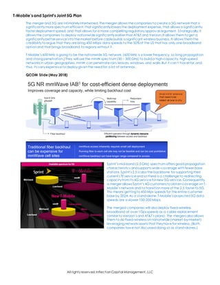 All rights reserved,InflectionCapital Management, LLC
T-Mobile’s and Sprint’s Joint 5G Plan
The merger and 5G are intimatelyintertwined. The merger allows the companies to create a 5G network that is
significantlymore spectrum efficient,that significantlylowers the deployment expense, that allows a significantly
faster deployment speed, and that allows for a more compelling regulatoryapproval argument. Strategically,it
allows the companies to deploy nationwide significantly earlier thanAT&T and Verizon.It allows them to get a
significantlybetter service into the market before cable builds a significant wireless business. It allows themthe
credibilityto argue that they are bring 450 Mbps data speeds to the 50%of the US that has only one broadband
optionand that brings broadband to regions without it.
T-Mobile’s 600 MHz is going to be the nationwide 5G network. (600 MHz is a lower frequency, so long propagation
and strong penetration.) They will use the mmW spectrum(30 – 300 GHz) to builda high-capacity, high-speed
networks in urban geographies. mmW can penetrate rain, leaves,windows,and walls.But it can’t travel far,and
thus, its veryexpensive to deploygiventhe need for a lot of antennas.
QCOM Slide (May 2018)
Sprint’s mid-band (2.5 GHz) spectrum offers good propagation
characteristics andsupports wide-coverage with fewer base
stations.Sprint’s 2.5 is also the backbone for supporting their
current LTE service andso there is a challenge to redirecting
capacityfrom its 4G service for new 5G service. Consequently,
a merger allows Sprint’s 4G customers to obtaincoverage on T-
Mobile’s network and to transitionmore of the 2.5 faster to 5G.
This means getting to 450 Mps speeds for the entire customer
base by 2024.As a stand-alone,T-Mobile’s projected5G data
speeds are a slower 100-200 Mbps.
The merged companies will also deploy fixed-wireless
broadband at over 1Gps speeds as a cable replacement
(similar to Verizon’s and AT&T’s plans). The mergers also allows
them to do fixed-wireless onnationwide (market-by-market)
leveraging network assets that theyhave for wireless. (Both
companies have not discusseddoing so as stand-alones.)
Small mmW antennas
t hat need t o be
added all over in cit y
 