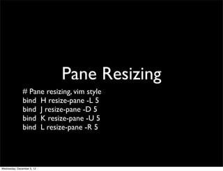 Pane Resizing
               # Pane resizing, vim style
               bind H resize-pane -L 5
               bind J resize-pane -D 5
               bind K resize-pane -U 5
               bind L resize-pane -R 5




Wednesday, December 5, 12
 