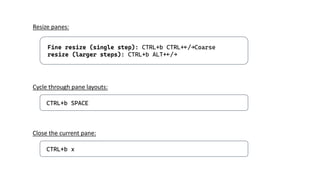Fine resize (single step): CTRL+b CTRL+←/→Coarse
resize (larger steps): CTRL+b ALT+←/→
Resize panes:
CTRL+b SPACE
Cycle through pane layouts:
CTRL+b x
Close the current pane:
 